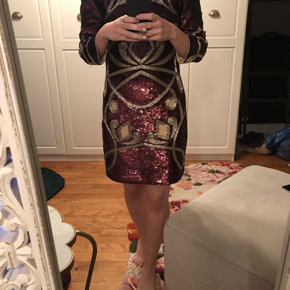 Hand-Embellished Needle & Thread Contour Ornate Long Sleeve Dress - Picture 3 of 8